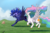 Size: 3428x2261 | Tagged: safe, artist:greyscaleart, princess celestia, princess luna, alicorn, pony, g4, constellation freckles, cute, cutelestia, eyes closed, female, greyscaleart is trying to murder us, high res, lunabetes, majestic as fuck, mare, missing accessory, royal sisters, running, signature, smiling