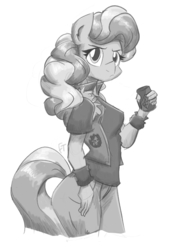 Size: 1000x1464 | Tagged: safe, artist:flutterthrash, diamond tiara, anthro, g4, alcohol, beer, clothes, cutie mark crusaders patch, female, looking at you, mare, monochrome, older, older diamond tiara, simple background, sketch, solo