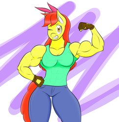 Size: 1678x1726 | Tagged: safe, artist:matchstickman, apple bloom, earth pony, anthro, matchstickman's apple brawn series, tumblr:where the apple blossoms, g4, apple brawn, armpits, biceps, bow, breasts, busty apple bloom, clothes, female, fingerless gloves, flexing, gloves, jeans, muscles, older, older apple bloom, pants, simple background, sleeveless, solo