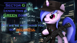 Size: 1920x1080 | Tagged: safe, artist:spinostud, sea swirl, seafoam, pony, unicorn, g4, 3d, city, cityscape, commander, female, green zone, gun, looking sideways, military, military uniform, random pony, rifle, sector g, solo, source filmmaker, weapon