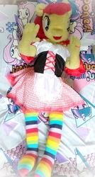 Size: 706x1320 | Tagged: safe, artist:pixie panda plush, artist:redness, apple bloom, anthro, g4, bed, clothes, costume, dress, irl, life size, little red riding hood, photo, plushie, rainbow socks, socks, striped socks