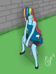 Size: 960x1280 | Tagged: safe, artist:goldhajik, rainbow dash, equestria girls, g4, alternate clothes, alternate hairstyle, clothes, dress, female, park, park bench, solo