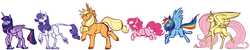 Size: 4000x800 | Tagged: safe, artist:fastserve, applejack, fluttershy, pinkie pie, rainbow dash, rarity, twilight sparkle, alicorn, classical unicorn, earth pony, pegasus, pony, unicorn, g4, cloven hooves, female, horn, leonine tail, long mane, mane six, mare, simple background, size difference, twilight sparkle (alicorn), unshorn fetlocks, white background