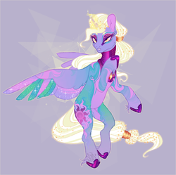 Size: 772x769 | Tagged: safe, artist:ipoloarts, princess celestia, alicorn, pony, g4, abstract background, alternate design, bipedal, collaboration, collar, colored wings, cutie mark, eyeshadow, female, lidded eyes, makeup, mare, neck rings, redesign, solo, starry wings