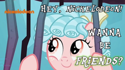 Size: 1096x614 | Tagged: safe, edit, edited screencap, screencap, cozy glow, pony, g4, school raze, bars, bow, cage, cozybetes, cute, dialogue, female, filly, foal, hair bow, it's a trap, logo, meme, nickelodeon, smiling, solo, tartarus, text, wanna be friends?