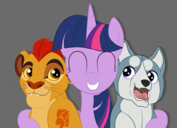 Size: 1936x1400 | Tagged: safe, artist:squipycheetah, twilight sparkle, alicorn, big cat, dog, lion, pony, g4, crossover, cute, eyes closed, fangs, female, ginga densetsu weed, happy, hug, kion, lion guard, looking back, male, open mouth, simple background, smiling, the lion guard, the lion king, trio, twilight sparkle (alicorn)