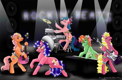 Size: 926x608 | Tagged: safe, artist:anivasion, half note, melody, pretty beat, sweet notes, tuneful, earth pony, pony, g1, my little pony tales, bipedal, drums, electric guitar, guitar, keyboard, musical instrument, rock (music), rock band, rockin' beats