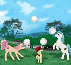 Size: 832x760 | Tagged: safe, artist:anivasion, buddy (g1), patch (g1), earth pony, pony, g1, my little pony tales, ball, bipedal, kicking, offspring, older, parent, train, where are they now