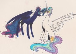 Size: 1024x724 | Tagged: safe, artist:draw1709, princess celestia, princess luna, pony, g4, eyeshadow, horn, horns are touching, magic, makeup, royal sisters, traditional art