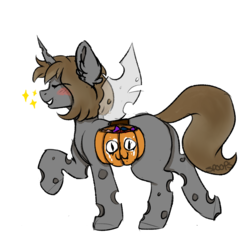 Size: 2000x2000 | Tagged: safe, artist:spoopygander, oc, oc only, changeling, pony, unicorn, blushing, candy, eyes closed, food, halloween, high res, holiday, jack-o-lantern, outline, painted pumpkin, patreon, patreon reward, pumpkin, pumpkin bucket, saddle bag, simple background, smiling, solo, sparkles, transparent background, walking, wings