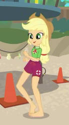 Size: 205x371 | Tagged: safe, screencap, applejack, equestria girls, g4, my little pony equestria girls: better together, turf war, applejack's hat, barefoot, clothes, cowboy hat, cropped, feet, female, geode of super strength, hat, midriff, shorts