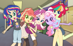 Size: 1218x771 | Tagged: safe, artist:noreencreatesstuff, artist:polymercorgi, oc, oc only, oc:pompom rush, oc:sunrise flicker, equestria girls, g4, base used, canterlot high, magical lesbian spawn, offspring, parent:applejack, parent:fluttershy, parent:pinkie pie, parent:rainbow dash, parent:rarity, parent:sci-twi, parent:sugarcoat, parent:sunset shimmer, parent:sweeten sour, parent:vignette valencia, parents:appleshy, parents:rarignette, parents:scitwishimmer, parents:sugarpink, parents:sweetendash