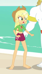 Size: 296x521 | Tagged: safe, screencap, applejack, bulk biceps, equestria girls, g4, my little pony equestria girls: better together, turf war, applejack's hat, barefoot, belly button, clothes, cowboy hat, cropped, feet, female, hat, male nipples, midriff, nipples, shorts, solo focus, swimsuit