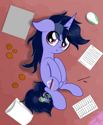 Size: 3297x4000 | Tagged: dead source, safe, artist:php142, oc, oc only, oc:purple flix, pony, unicorn, computer, computer mouse, cookie, cute, food, laptop computer, looking at you, lying, male, paper, solo, text, wew