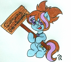 Size: 3506x3049 | Tagged: safe, artist:dawn-designs-art, oc, oc only, oc:dawn, earth pony, pony, blue, female, filly, giveaway, high res, purple eyes, raffle, sign, solo, traditional art