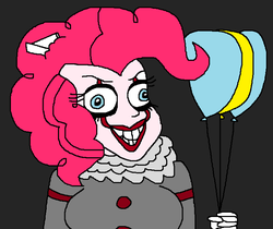 Size: 726x610 | Tagged: safe, artist:logan jones, pinkie pie, equestria girls, g4, balloon, bucktooth, clothes, clown, cosplay, costume, crazy face, derp face, faic, female, halloween, hammerspace hair, holiday, it, makeup, nightmare night, paper boat, pennywise, pinkiewise, smiling, teeth, wall eyed