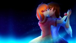 Size: 2560x1440 | Tagged: safe, artist:jonfawkes, oc, oc only, oc:cold front, oc:disty, human, clothes, crossdressing, cute, dancing, dress, eyes closed, femboy, flower, gay, humanized, kissing, male, oc x oc, shipping, sparkles, trap