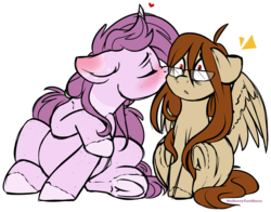 Size: 1280x1006 | Tagged: safe, artist:mulberrytarthorse, oc, oc only, oc:mulberry tart, oc:red stroke, earth pony, pegasus, pony, blushing, eyes closed, female, freckles, glasses, kissing, lesbian, mare, simple background, transparent background