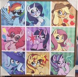 Size: 766x750 | Tagged: safe, artist:caibaoreturn, applejack, fluttershy, pinkie pie, rainbow dash, rarity, starlight glimmer, sunset shimmer, trixie, twilight sparkle, earth pony, pegasus, pony, unicorn, g4, apple, book, cape, china ponycon, clothes, cowboy hat, female, food, glasses, hat, irl, looking at you, mane six, mare, photo, pipe, sunglasses