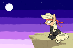 Size: 1280x853 | Tagged: safe, artist:heir-of-rick, applejack, earth pony, pony, g4, bandana, big ears, bodysuit, cliff, clothes, description is relevant, female, hay stalk, mare, metal gear, metal gear solid, moon, night, sitting, sneaking suit, solo, stars, straw in mouth, sunset, torn clothes
