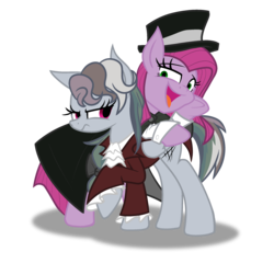 Size: 2400x2300 | Tagged: safe, artist:geraritydevillefort, pinkie pie, rainbow dash, earth pony, pegasus, pony, the count of monte rainbow, g4, clothes, crossover, dr jekyll and mr hyde, dr pinkie and miss pie, hat, high res, musical, open mouth, simple background, the count of monte cristo, top hat, transparent background, unamused