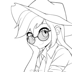 Size: 1000x1000 | Tagged: safe, artist:caibaoreturn, applejack, equestria girls, g4, cowboy hat, female, glasses, grayscale, hat, looking at you, monochrome, simple background, solo, white background