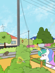 Size: 1014x1352 | Tagged: safe, artist:kirr12, princess celestia, alicorn, bird, pony, g4, bush, female, flower, magic, mare, rainbow, scissors, solo, street, tree, wires