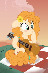 Size: 3693x5526 | Tagged: safe, artist:rambon7, pear butter, earth pony, pony, g4, the perfect pear, absurd resolution, acoustic guitar, blanket, blushing, buttercup, cloud, cutie mark, female, flower, flower in hair, guitar, mare, mother, musical instrument, scene interpretation, show accurate, sitting, solo