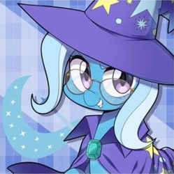 Size: 422x424 | Tagged: safe, artist:caibaoreturn, trixie, pony, unicorn, g4, abstract background, cape, clothes, cropped, cute, diatrixes, female, glasses, hat, mare, solo, trixie's cape, trixie's hat