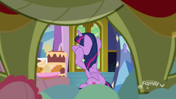 Size: 1920x1080 | Tagged: safe, screencap, sludge (g4), twilight sparkle, alicorn, dragon, pony, father knows beast, g4, cake, covering eyes, food, framed by legs, out of context, twilight sparkle (alicorn), you know for kids