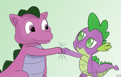 Size: 2830x1800 | Tagged: safe, artist:tazool, spike, spike (g1), dragon, g1, g4, 35th anniversary, anniversary, cordial, duo, duo male, eye contact, face to face, g1 to g4, generation leap, happy birthday mlp:fim, looking at each other, male, signature, simple background, smiling, standing