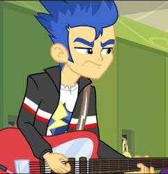Size: 693x720 | Tagged: safe, screencap, flash sentry, equestria girls, g4, my little pony equestria girls: rainbow rocks, clothes, cropped, electric guitar, flash sentry is not amused, guitar, jacket, male, musical instrument, unamused