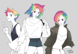 Size: 1280x899 | Tagged: safe, artist:dusty-munji, rainbow dash, human, g4, alternate hairstyle, clothes, female, humanized, jacket, simple background, sketch, smiling