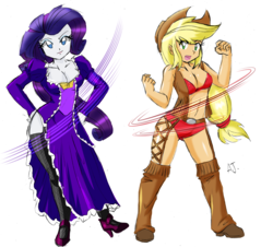 Size: 3141x2844 | Tagged: safe, artist:danmakuman, edit, applejack, rarity, human, equestria girls, g4, adorasexy, bikini, breasts, cleavage, clothes, costume, cowgirl, cute, dress, duo, female, high heels, high res, lesbian, sexy, ship:rarijack, shipping, shoes, simple background, white background