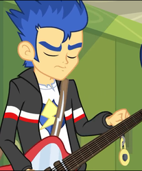 Size: 596x720 | Tagged: safe, screencap, flash sentry, equestria girls, g4, my little pony equestria girls: rainbow rocks, clothes, cropped, electric guitar, eyes closed, flash sentry is not amused, guitar, jacket, male, musical instrument, unamused