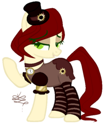 Size: 463x560 | Tagged: safe, artist:projectblastart, artist:tunchawk, oc, oc only, oc:steam craft, earth pony, pony, base used, bedroom eyes, choker, clock, clothes, eyeshadow, female, hat, makeup, mare, open mouth, outfit, signature, simple background, socks, solo, steampunk, striped socks, top hat, transparent background