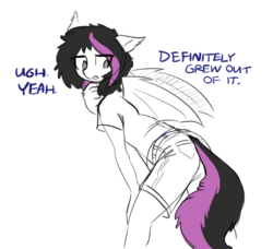 Size: 984x899 | Tagged: safe, artist:the-minuscule-task, oc, oc only, oc:ipomoea, bat pony, anthro, unguligrade anthro, anthro oc, bat pony oc, clothes, dialogue, explicit source, female, mare, solo