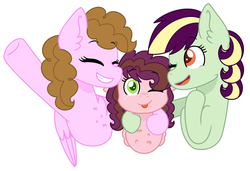 Size: 2032x1392 | Tagged: safe, artist:geekcoffee, oc, oc:cherry chocolate, oc:confetti surprise, oc:pristine melody, earth pony, pegasus, pony, kindverse, female, lesbian, magical lesbian spawn, offspring, offspring's offspring, parent:applejack, parent:cheese sandwich, parent:coloratura, parent:oc:confetti surprise, parent:oc:pristine melody, parent:pinkie pie, parents:cheesepie, parents:rarajack