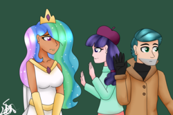 Size: 2500x1666 | Tagged: safe, artist:spokenmind93, princess celestia, human, g4, horse play, my little pony: friendship is magic, beret, clothes, colored pupils, crown, gloves, hat, humanized, jewelry, regalia