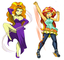 Size: 1504x1393 | Tagged: safe, artist:danmakuman, edit, adagio dazzle, sunset shimmer, human, equestria girls, g4, my little pony equestria girls: rainbow rocks, armpits, breasts, busty adagio dazzle, busty sunset shimmer, clothes, costume, dress, duo, evening gloves, female, gloves, high heels, lesbian, long gloves, looking at you, pantyhose, pose, ship:sunsagio, shipping, shoes, side slit, simple background, total sideslit, white background