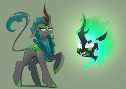 Size: 3508x2480 | Tagged: safe, artist:underpable, queen chrysalis, kirin, nirik, g4, sounds of silence, female, gray background, green background, high res, kirin-ified, raised hoof, simple background, solo, species swap