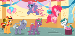 Size: 4256x2040 | Tagged: safe, artist:razorbladetheunicron, derpibooru exclusive, cheerilee (g3), gusty, limestone pie, pinkie pie, rocky (g2), starsong, earth pony, pegasus, pony, unicorn, g1, g2, g3, g3.5, g4, 35th anniversary, balloon, base used, cake, cutie mark, female, flying, food, g1 to g4, g2 to g4, g3 to g4, g3.5 to g4, g5 concept leak style, g5 concept leaks, g5 to g4, generation leap, group, jewelry, magic, mare, necklace, party, pinkie pie (g5 concept leak), redesign