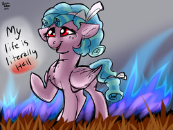 Size: 1600x1200 | Tagged: safe, artist:brainiac, cozy glow, pegasus, pony, g4, school raze, dialogue, female, filly, fire, foal, folded wings, hell, mare, pure concentrated unfiltered evil of the utmost potency, pure unfiltered evil, raised hoof, solo, tartarus, text, wings