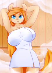 Size: 2480x3508 | Tagged: safe, artist:amberpendant, oc, oc only, oc:carot, earth pony, anthro, arm behind head, armpits, big breasts, breasts, female, high res, looking at you, naked towel, sauna, solo, towel, ych result