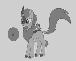 Size: 1491x1206 | Tagged: safe, artist:dusthiel, autumn blaze, kirin, g4, season 8, sounds of silence, cute, female, grayscale, inktober, inktober 2018, monochrome, plushie, protecting, shield, simple background, smiling