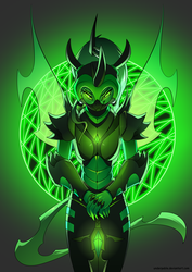 Size: 2480x3508 | Tagged: safe, artist:underpable, queen chrysalis, changeling, changeling queen, anthro, g4, armor, badass, female, helmet, high res, looking at you, solo, sword, weapon