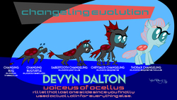 Size: 1152x648 | Tagged: safe, artist:mrwy, ocellus, changedling, changeling, insect, turtle, g4, blue background, changeling evolution, devyn dalton, evolution, evolution chart, fanart, female, pre changedling ocellus, red changeling, simple background, voice actor