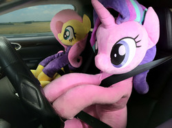 Size: 5488x4112 | Tagged: safe, alternate version, artist:nekokevin, fluttershy, starlight glimmer, pegasus, pony, unicorn, series:nekokevin's glimmy, g4, absurd resolution, car, car interior, clothes, cute, driving, duo, female, glimmerbetes, irl, life size, mare, photo, plushie, seatbelt, shyabetes, sitting, smiling, steering wheel, sweater, sweatershy, this will not end well
