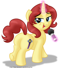Size: 1024x1200 | Tagged: safe, artist:aleximusprime, oc, oc only, oc:eilemonty, pony, unicorn, bedroom eyes, before and after, british, butt, cute, eileen montgomery, eilemonty, england, fanart, flirting, freckles, looking back, microphone, plot, redo, redone art, revised, revision, simple background, singer, singing, solo, then and now, transparent background, unicorn oc, voice actor
