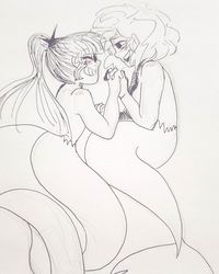 Size: 750x938 | Tagged: safe, artist:nichroniclesvsart, sci-twi, sunset shimmer, twilight sparkle, mermaid, equestria girls, g4, blushing, cute, eyes closed, female, happy, holding hands, inktober, lesbian, lineart, looking at each other, mermaid lovers, mermaidized, shimmerbetes, ship:sci-twishimmer, ship:sunsetsparkle, shipping, species swap, traditional art, twiabetes, underwater